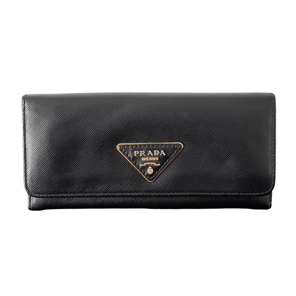 Prada black saffiano leather triangle long snap wallet sleek gold